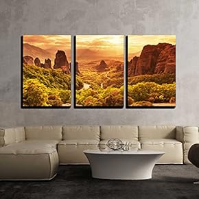 3 Piece Canvas Wall Art - Meteora Monasteries in Greece. - Modern Home Art Stretched and Framed Ready to Hang - 16"x24"x3 Panels
