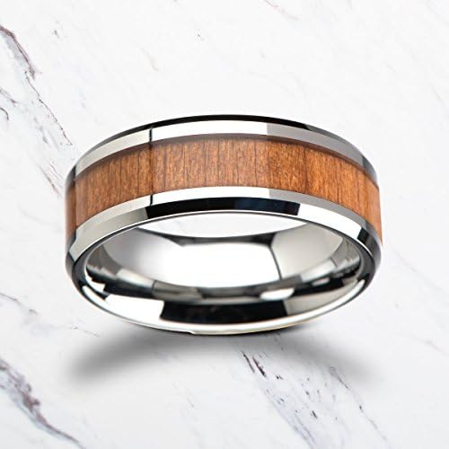 Beveled Real Cherry Wood Tungsten Wood Ring with Polished Edges - 6mm to 12mm Available - Lifetime Size Exchanges