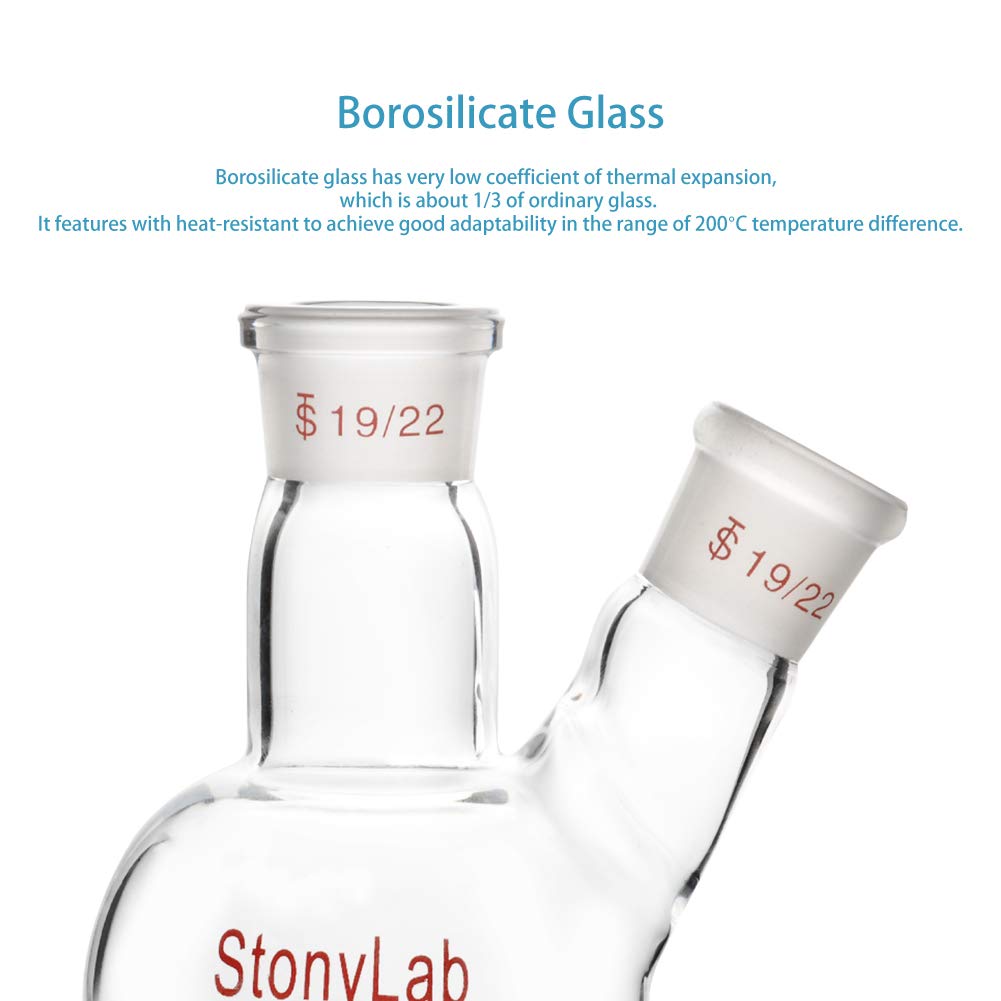 StonyLab Glass 100ml Heavy Wall 2 Neck Round Bottom Flask RBF, with 19/22 Center and Side Standard Taper Outer Joint, 100ml - Image 4