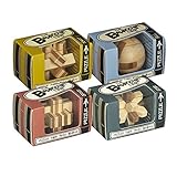 Mini-Bamboozlers Wooden Bamboo Brainteaser Puzzles (Set of 4) - Ball, Cross, Knot, Star