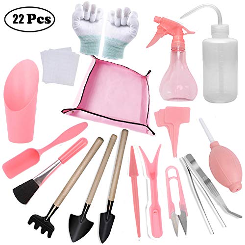 Elitao 22 Pieces Succulent Planting Tools Kit, Mini Gardening Hand Tools Set – Potting,Cactus, Bonsai, Transplanting Tools + PU Nylon Gloves Coated Palm Anti-Static + Gardening Mat (Pink)
