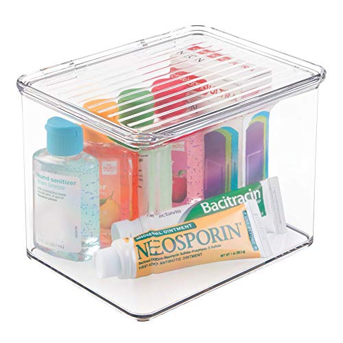 mDesign Stackable Plastic Storage Bin Box with Hinged Lid Organizer for Vitamins, Supplements, Serums, Essential Oils, Medicine Pill Bottles, Adhesive Bandages, First Aid Supplies - Clear