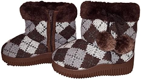 Knit Sweater Argyle Plaid Faux Fur Lined Fashion Boots with Pom Poms for Toddler girls (Toddler 3, BROWN)