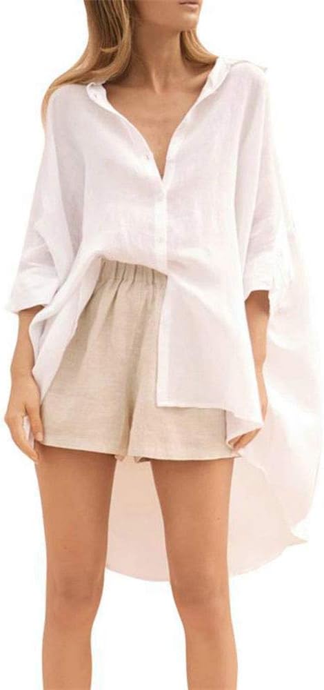 Hibasing Women Elegant Turn-Down Collar Shirt Dress, Long Sleeved Casual Long Blouse Ladies Irregular Hem Dress Tops Plus Size