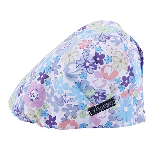 YOOBNG Women Scrub Bouffant Hat Cap Adjustable Classic Beauty Print Floral Cute One Set