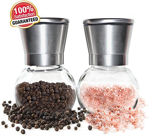 Premium Salt and Pepper Grinder Set with glass globe base, Stainless Steel Salt and Pepper Mill for Himalayan Salt, Peppercorn and Spices, 5 Grade Adjustable Ceramic Rotor
