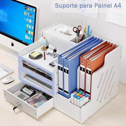 Organizador de Mesa com Gavetas,Organizador de Escritorio Oficina para Papéis, Material de Escritório e Papelaria, Bandeja de Mesa Branca para Artigos de Papelaria