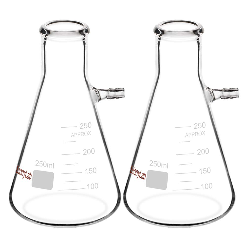 StonyLab 2-Pack 250ml Borosilicate Glass Filtering Flask, Bolt Neck with Tubulation