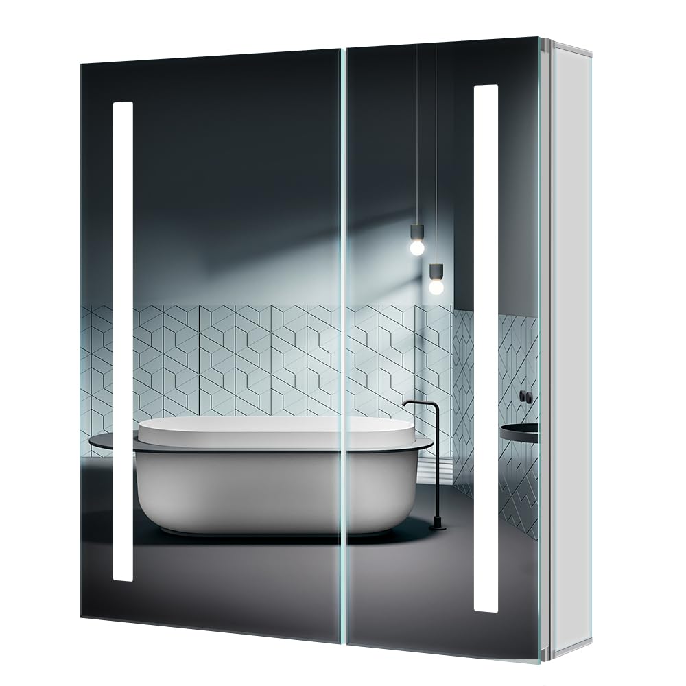 Quavikey® LED Bathroom Mirror Cabinet With Shaver Socket 2 Doors Grey Bathroom Cabinets With Mirror 3 Color Changing Wall Mounted With Removeable Shelf And Built-in Defogger 630 x 650 mm Aluminum