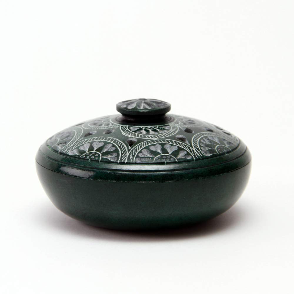 Bitto Incense Bowl Incense Sticks Holder HINDI Softstone in Green with Lid, H 5 cm, Ø 10 cm Deco Scent Fragrance