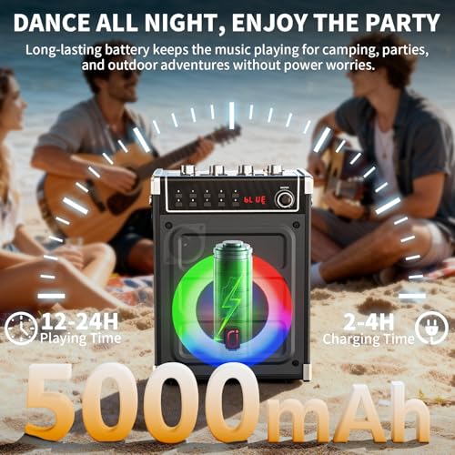 JYX Karaoke Machine with Two Wireless Microphones, Bass/Treble Adjustment and LED Light, TWS Support, AUX Input, FM Radio, REC, Party/Meeting/Wedding Supply - Black