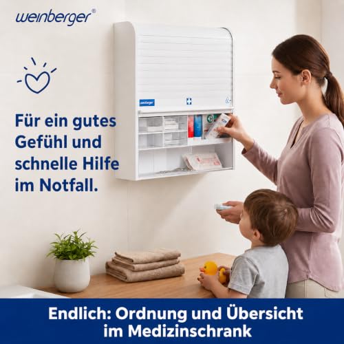 Weinberger Hanging Medicine Cabinet with 14 Compartments for Storing Medicines and First Aid Material, Medicine Cabinet with Child Lock and Blind, Home Medicine Cabinet, Medicine Cabinet in White