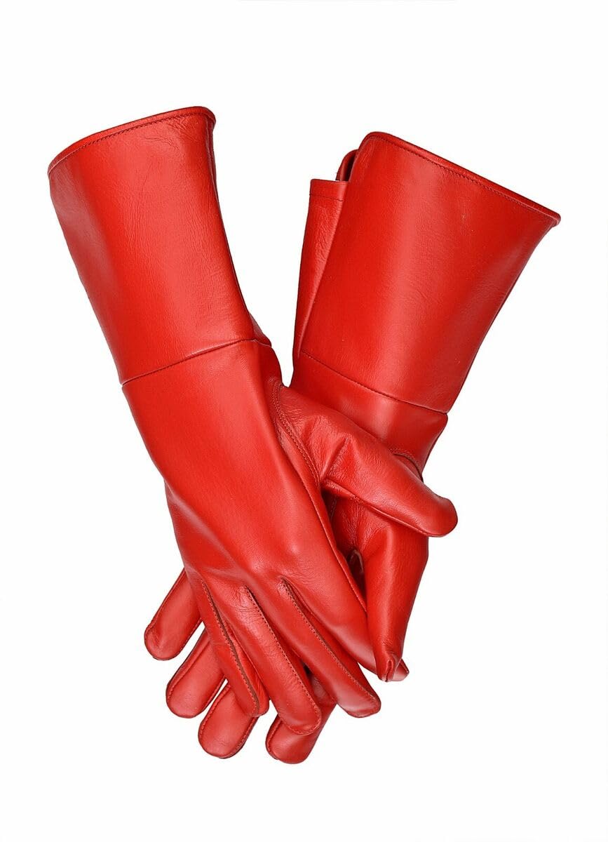 Glamtron Hand Made Leather Medieval Renaissance Gauntlets Cosplay Long Arm Cuff Costume Gloves (Red, XL)