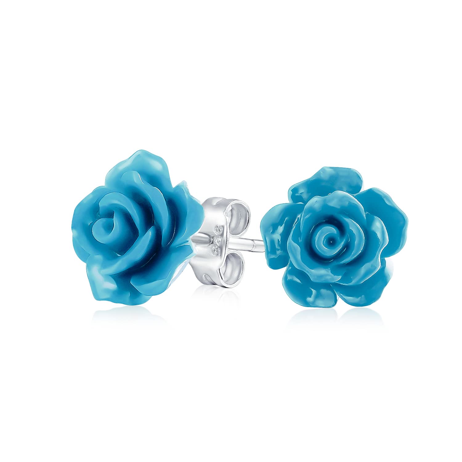 Romantic Delicate Floral 3D carved Blue Rose Flower Stud Earrings For Women Teen For Mother Silver Plated