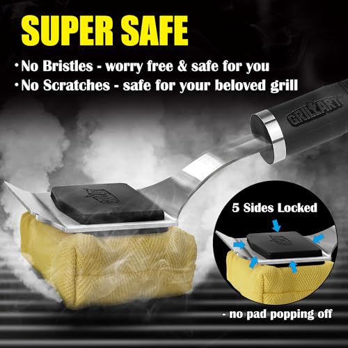 GRILLART Grill Brush Bristle Free Safe Steam Cleaning Tool, Replaceable Head for Any Grate Type - 17” Long Handle w/One-Fit-All Scraper - BBQ Accessories Cleaner for Outdoor Grill - Gifts for Men/Dad