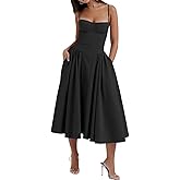 Women's Corset Dress Vintage Spaghetti Strap A-Line Midi Elegant Bustier Cocktail Party Evening Tea Dresses Pocket
