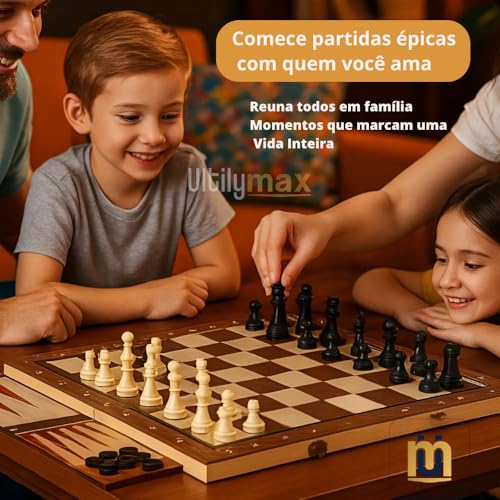 Jogo de xadrez Magnético 3 em 1, Damas e gamão em madeira, Tabuleiro Dobrável 24x24 cm, Peças de Resina, Estilo Estojo Clássico Profissional
