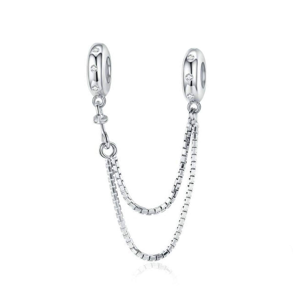 Flower Bead Charm 925 Sterling Silver Charms Spacer Charms Stopper Charms for Bracelets Safety Chain Charms to fit Pandora Bracelet (Round Drill Safety Chain)