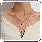 Iaceble Boho Layered Turquoise Necklace Turquoise Gemstone Pendant Necklace Teardrop Turquoise Necklace Chain Gold Geometric Triangle Choker Necklace Jewelry for Wome