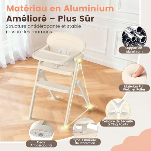 PAMPORPET Evolutionary Baby Highchair – From 6 Months Up to 90 kg – Folded High Chairs with Adjustable Seat/Footrest, Removable Tray and Cushion/5-Point Harness – Ergonomic Compliant (Beige)
