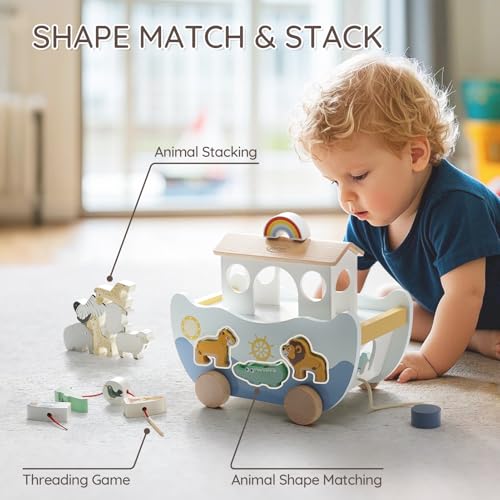 Joyreal Noah's Ark Wooden – Christening Gifts for Girls Boys Children, Gift Christening, Montessori Toy from 1 2 3 Years, Wooden Toy with Farm Toy Sorting Stack