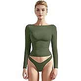 SUUKSESS Women Crew Neck Long Sleeve T Shirts Double Lined Tight Fitted Crop Top
