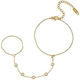 Gold Hand Chain Bracelet for Women Hand Finger Ring Bracelet Link Stainless Steel Cubic Zircon Finger Chain Bracelets Dainty Waterproof Summer Beach Jewelry Gifts