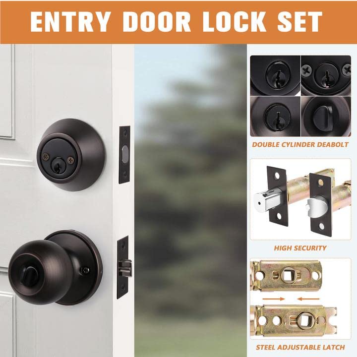 Probrico 6 Pack Entry Door Knob with Double Cylinder Deadbolt Set Oil