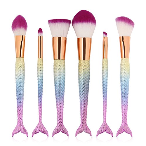 Coshine 6pcs/set 3D Rainbow Mermaid Nylon Hair Makeup Brush Set, for Foundation, Eyeshadow, Blush, Cream, Concealer, Loose Powder