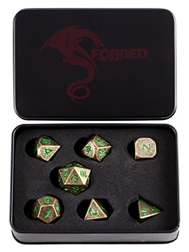 Forged Dice Co. Metal Dragon's Gold with Green Numbers Set of 7 Polyhedral Dice for RPG Gaming Games with Dragon Logo Tin Case