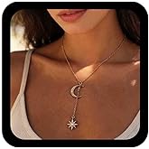 Allereyae Boho Crystal Star Y Lariat Necklace Gold Star Y Necklace Cz Moon Choker Necklace Rhinestone Moon Necklace Long Star Drop Necklace Jewelry for Women