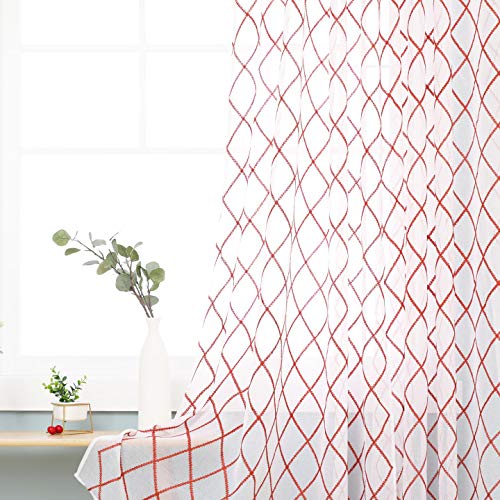 Deconovo Eyelet Faux Orange Net Curtains Embroidery Diamond Voile Curtains Super Soft Semi Sheer Curtains 55 x 54 Drop Inch Orange 1 Pair