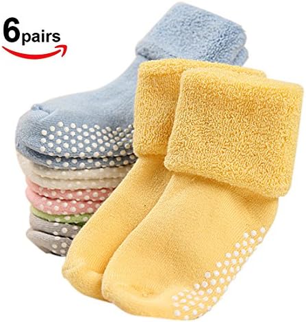 6 Pairs Baby Socks Anti Slip Toddler Thick Cotton Socks with Grips 1-3 years old, 6 pack white gray pink blue pink yellow Infant Toddler Baby Girls Baby Boys Anti Slip Socks Warm Winter Cottoon Thick