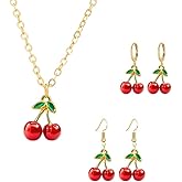 LPYO Fruit Themed Jewelry Set for Women Lemon Orange Cherry Banana Pendants Gold Chain Necklace with Drop & Huggie Earrings Colorful Enamel Summer Accessories Beach Party Daily Wear