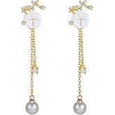 14K Gold Dangle Pearl Drop Earrings for Women, Trendy Long Threader Earrings, Dainty Flower CZ Wedding Earrings for Brides, Sparkly Statement Jewelry