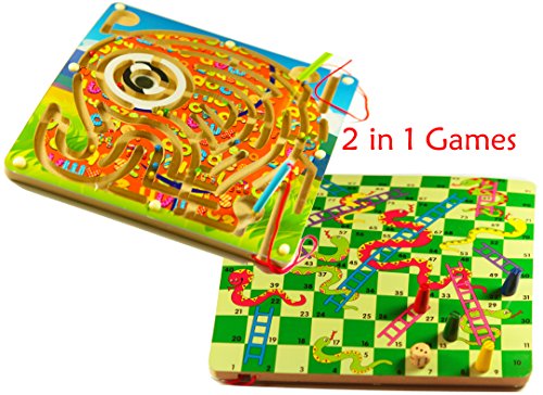TOWO Wooden Snakes and Ladders and Elephant Magnetic Labyrinth 2 in 1 Board Game - Wooden Board Game and Labyrinth Puzzle Board for Children Wooden Toys for 3 Year olds Kids