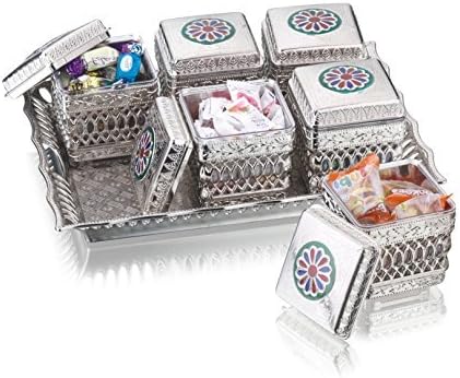 Sukhson India Silver Finished Containers Set With Tray, Box, Platters For Storing And Serving Dry Fruits, Sweets, Chocolates, Beautiful Meenakari Handicraft Work, Fancy Multipurpose Decorative