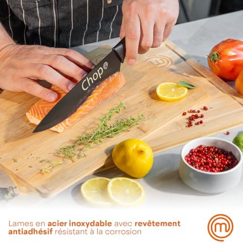 MasterChef Set Couteau Cuisine, Couteaux compris le Hachoir, Office, Chef, Legume & Eplucheur, Set Noir Inox avec Poignées Confortables, Collection Antirouille, Noir with captions, 5 Pièces