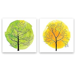 2 Panel Square Canvas Wall Art - Abstract Green and Yellow Tree - Giclee Print Gallery Wrap Modern Home Art Ready to Hang - 12"x12" x 2 Panels