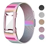 UHKZ Compatible for Fitbit Charge 3/Charge 3 SE Bands with Screen Protector Case, Stainless Steel Metal Wristband Loop Accessories for Fitbit Charge 3/Charge 3 SE Smartwatch,Colorful,S