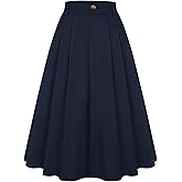 Belle Poque Women Vintage Pleated Skirt with Pockets A Line Midi High Elastic Waist Flared Skirt for Office Daily
