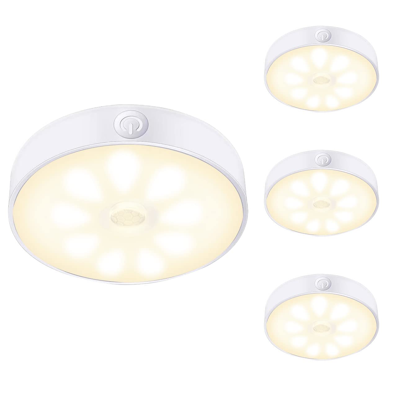 LAVAED 4 Pack Motion Sensor Puck Lights Indoor LED Closet Lights USB Rechargeable Battery Powered Night Light 9LEDs 3000K Dimmable Under Cabinet Light Stick-on for Pantry Bedroom Kitchen (Warm White)