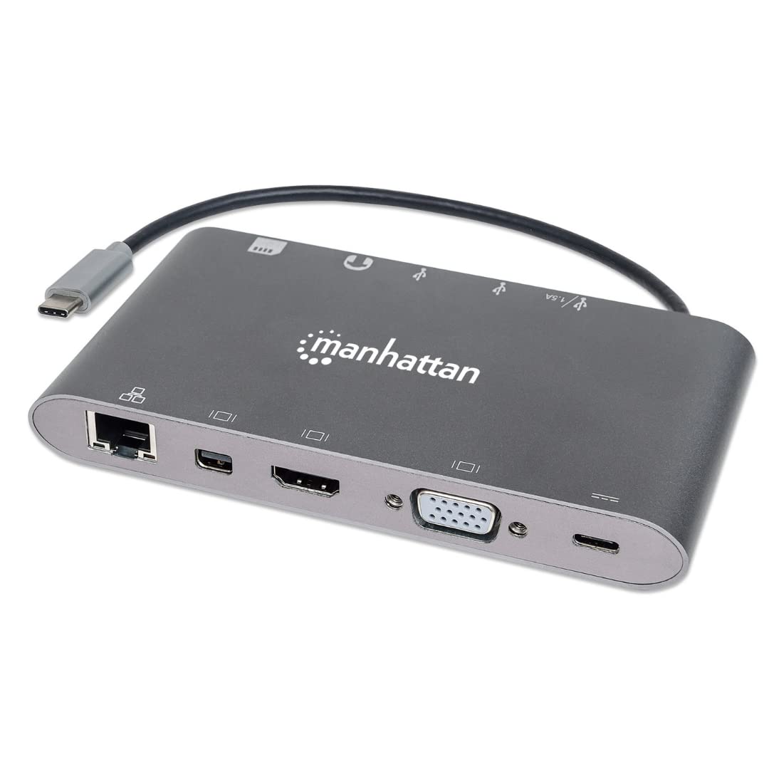 Manhattan USB-C Dock/Hub with Card Reader, Ports (x8): USB-C to HDMI, Audio 3.5mm, Ethernet, Mini DisplayPort, USB-A (x3) and USB-C, With Power Delivery to USB-C Port (60W), Cable 20cm, Aluminium,Grey