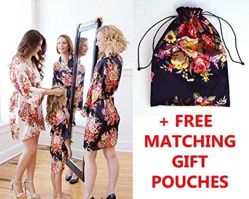 American Cuteness Silk Robes &amp; Gift Pouches - Floral Satin Kimono Robe, Bridesmaid Gift, Bachelorette Bridal Party Getting Ready, Wedding Favor (Plus Size (14-22 US), Black)