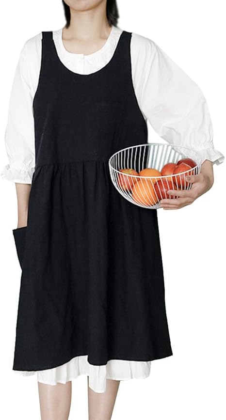 Amazon Saniqueen G 胸当て付き U首 ロング丈エプロン バッククロス 腰ひもなし お尻が隠れる ワンピース型エプロン ブラック エプロン オンライン通販