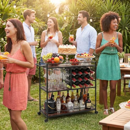 Carrito Organizador con Ruedas,Carrito Auxiliar,Carrito de Servicio Tipo Bar,Mueble Cantina Bar para Casa de 3 Niveles,Ruedas Bloqueables,para 12 Botellas y Copero,Multiusos para Cocina,Sala y Fiestas