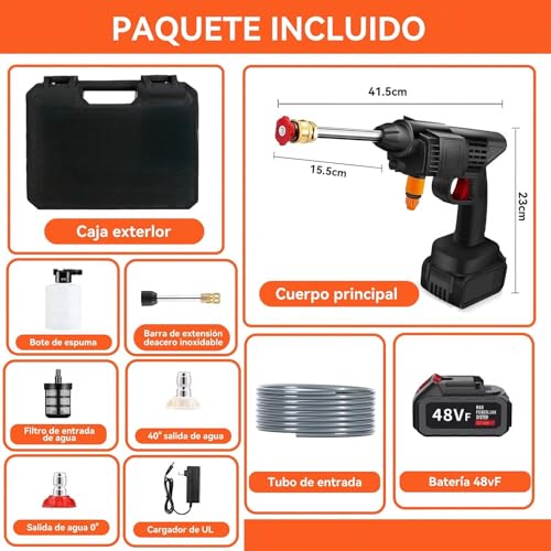 ACOVARK Hidrolavadora Inalámbrica Portátil con 2 Boquillas y Cañón de Espuma, Pistola para Hidrolavadora con Manguera de 5m, Alcance de 6-8 Metros, con Caja de Herramientas, para Pisos y Vehículos