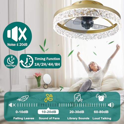 Quiet Ceiling Fans with Lights Remote Control, Modern Lighting Fan Ceiling Light LED Dimmable Ceiling Fan Lamps for Bedroom Living Room, Fan Reversible and 6 Speeds (Gold, 40CM)