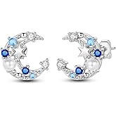 Hapour Moon Star Stud 925 Sterling Silver Earrings with Cubic Zirconia and Pearl Crescent Hypoallergenic Jewelry Gift for Women Teens