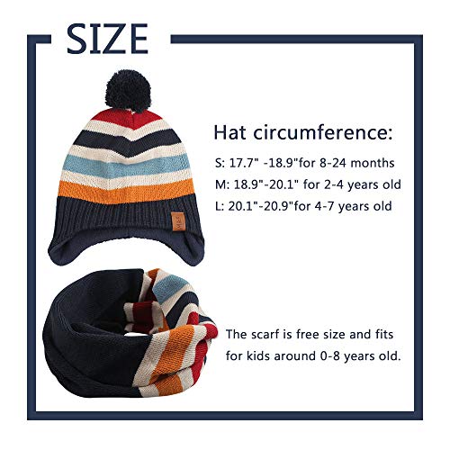 Knit Striped Baby Hat Scarf Set Winter Warm Boys Girls Beanie Fleece Lining Toddler Kids Hat with Pompom (Navy Striped, M)
